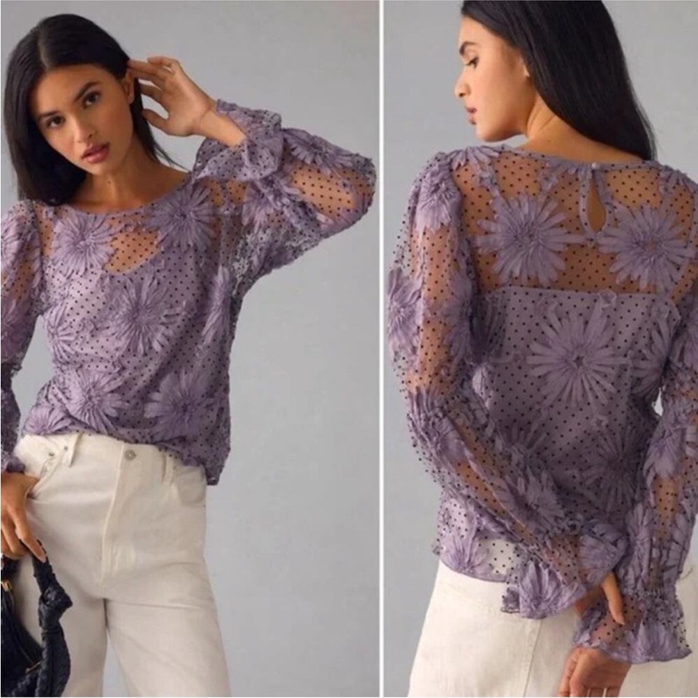 Anthropologie Eva Franco XS floral lace sheer polka dot top blouse